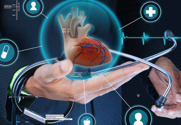 Smart hand showing human heart and stethoscope